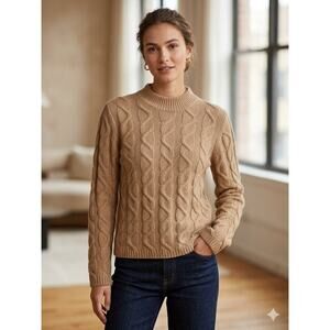 Vintage Liz Claiborne Wool Cable Knit Sweater Fisherman Mock Neck Tan Pullover M